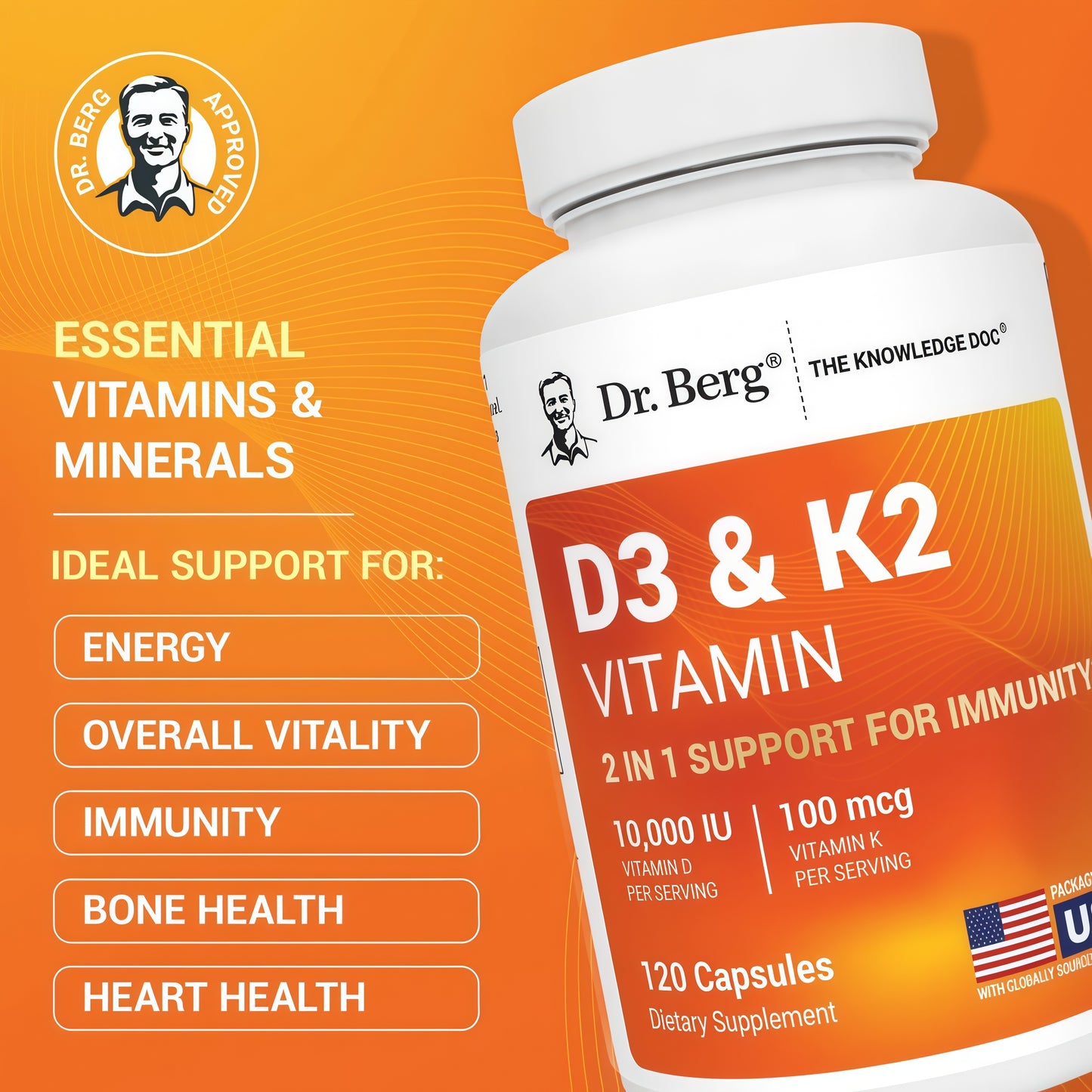 Dr. Berg Vitamin D3 & K2 10,000 IU + MK-7 – 120 Capsules – Immune, Bone & Heart Support* Supplement w/Magnesium, Zinc, B6 – 4X Lab-Tested – No Fillers – Non-GMO, cGMP, Formulated in USA