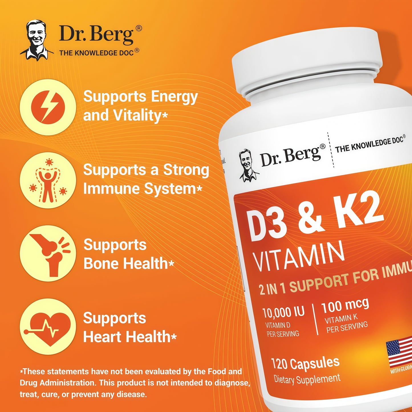 Dr. Berg Vitamin D3 & K2 10,000 IU + MK-7 – 120 Capsules – Immune, Bone & Heart Support* Supplement w/Magnesium, Zinc, B6 – 4X Lab-Tested – No Fillers – Non-GMO, cGMP, Formulated in USA
