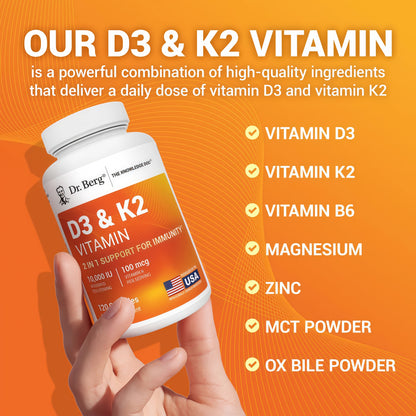 Dr. Berg Vitamin D3 & K2 10,000 IU + MK-7 – 120 Capsules – Immune, Bone & Heart Support* Supplement w/Magnesium, Zinc, B6 – 4X Lab-Tested – No Fillers – Non-GMO, cGMP, Formulated in USA